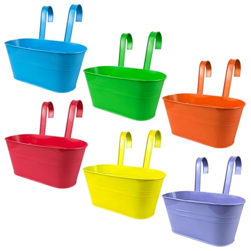 Image of TEYIAN 6Pcs Hanging Plant Pots 27cm Metal Hanging Basket Hanging Flower Pots Vase Bucket with Drainage Hole Balcony Fence Home Garden Decor- 6 Colours