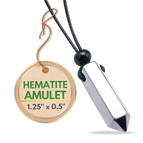 Hematite Crystal Necklace - Genuine Lucky Crystal Point Pendant for Grounding, Courage & Spiritual Protection - Root Chakra Natural Stone - Evil Eye and Good Luck Amulet on Adjustable Cord - Healing Jewelry Gift for Men Women (Hematite - Root Chakra)