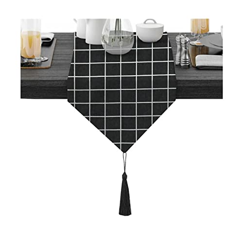 Chemin de table motif treillis avec pompon en coton noir décoration de table longue
