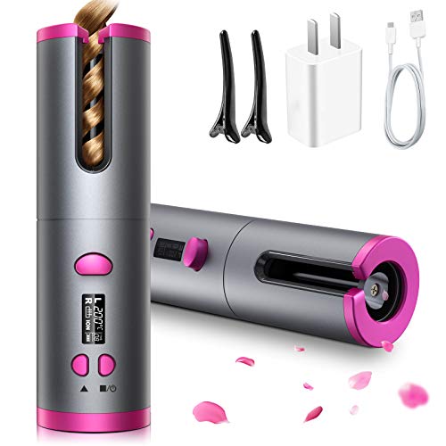 Cordless Hair Curler Automatic Curling Iron with LCD Temperature Display and Time 6 Adjustable Temperature 3/4in Fast Heating Ceramic Barrel USB Rechargeable Travel Curling Iron (Red)
