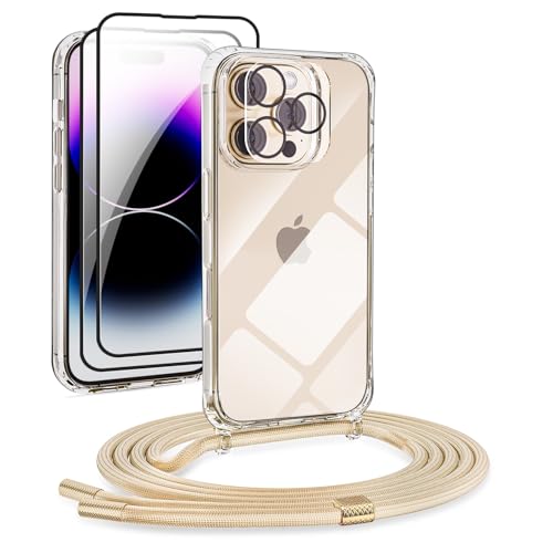 DiDaDi 5 in 1 Set Hochwertige Handykette Hülle mit Band Für iPhone 16 Pro Max Handytasche mit Umhängeband Necklace Transparent Handyhülle Case mit Schnur Abnehmbar Handy umhängeband (Gold)