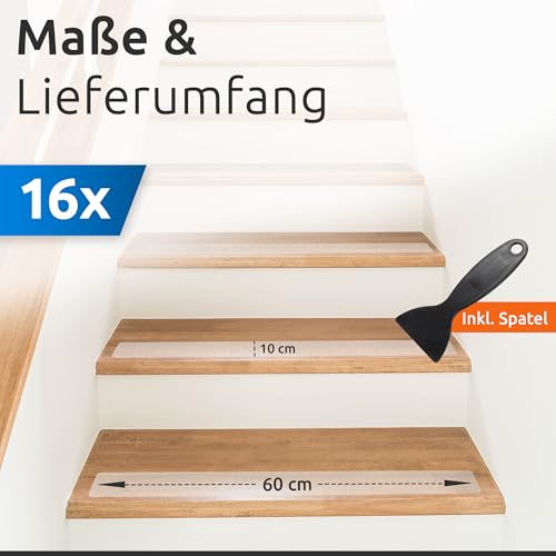 ECENCE 16 Stück Treppenstufen Antirutsch Treppenstufen Matten Transparent für Holz, Fliesen, Stein und andere Glatte Böden, Rutschschutz Treppe, Selbstklebend 60x10cm