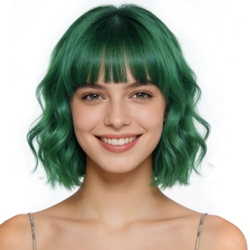 PARXITN Perücke Damen Grün Bob Perücken mit Pony Lockig Gewellt Wig für Frauen Cosplay Halloween Kostüm Karneval Fasching Perücken