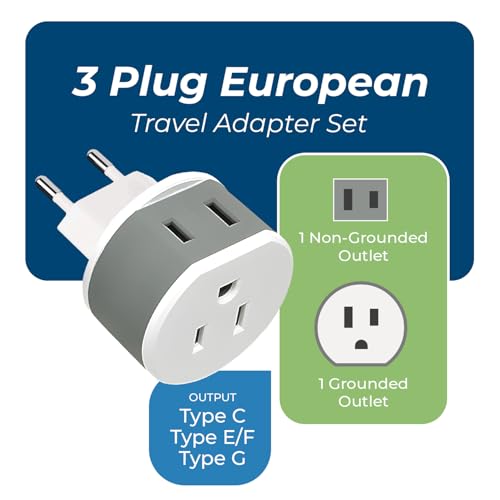 Image of Full European Travel Adapter Set by OREI - Dual Input American to Europe, Germany, England, Spain, Italy, Iceland, France, (Type G, E /F, Type C) - 3 Pack, Safe Grounded Use for Cell Phones, Laptops