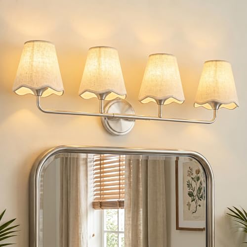 Image of Bathroom Light Fixtures Vanity Light 4-Light Brushed Nickel 30.7 inch | Farmhouse Bathroom Lights, Beige Wavy Fabric Shade, Dimmable Vanity Lighting Fixtures for Mirror Bedroom Living Room Hallway