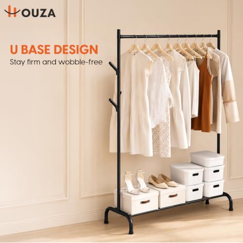 Image of HOUZA Heavy-Duty Garment Stand Cloth Rack with Bottom Storage Shelf & 4 Side Hooks | Freestanding Clothes Hanging Stand, Rack for Clothes Storage & Cloth Rack for Bedroom & Entryway (Black)