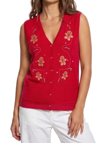 Image of KMBANGI Women Christmas Button Sweater Vest Embroidery Sleeveless Cardigan