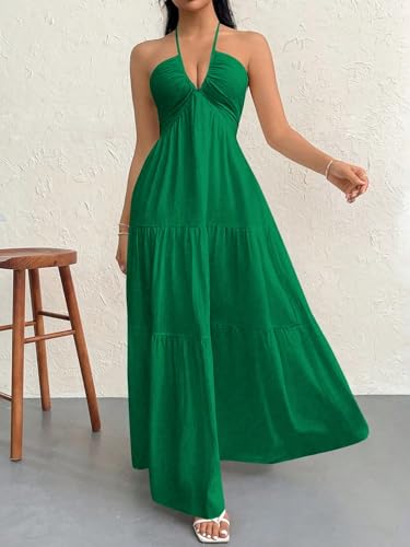 Image of Narecte Women's Maxi Summer Dresses Halter V Neck Beach Dresses for Women A-Line Casual Dress for Vacation