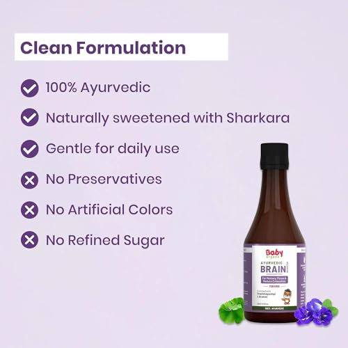 Image of BabyOrgano Shankhpushpi Syrup for Kids 5+ Years | Brahmi Shankhpushpi & Sharkara | Ayurvedic Brain Tonic & Memory Booster | Focus Concentration & Learning | No Refined Sugar | AYUSH Approved | 200ml (Pack of 1)