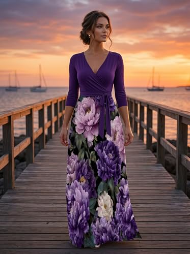 Image of PinkPatty Plus Size Maxi Dresses for Women Casual Flowy Long Dress 3 /4 Sleeve V Neck Wrap Dress with Belt