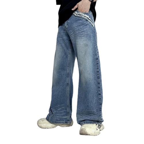 Mens Y2K Skater Wide Leg Jeans Zipper Frayed Pockets Fashion Blue Baggy Trousers