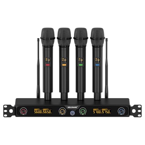 MELONARE 4-Channel Wireless Microphone System, UHF Rackmountable Cordless Mic Set w/ 4X 10 Frequencies, 260ft Range, Dynamic Handheld Microphone for Singing, Karaoke, Church, DJ, Party (MWM-41F)