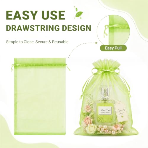 Image of FUNFERY 100PCS Apple Green Sheer Organza Bags 4x6 in, Goodie Bags Bulk | Small Mesh Gift Bag with Drawstring for Wedding Party Favor, Drawstring Pouch for Jewelry, Sachet Bags for Treat, Candy, Soap