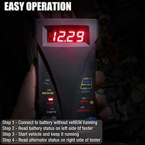 MOTOPOWER MP0514A 12V Digital Car Battery Tester Voltmeter and Charging System Analyzer with LCD Display and LED Indication - Black Rubber Paint - 3