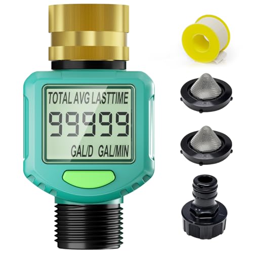 Water Flow Meter with 180 Flip Screen - 5% Accuracy Brass Inlet Waterproof LCD Water Meter for Outdoor Garden Hose RV & Irrigation Lawn Sprinkler Watering Measure Gallon/Liter