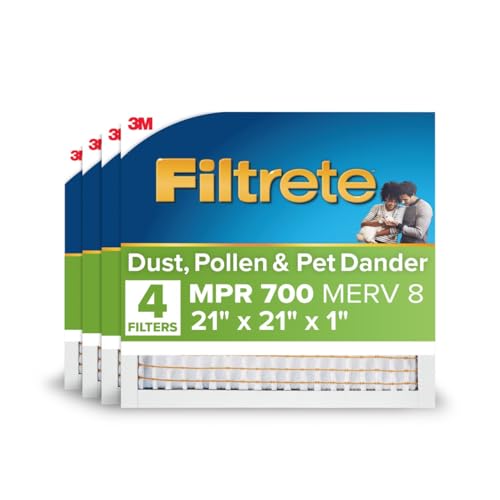 Filtrete 21x21x1 AC Furnace Air Filter, MPR 700, MERV 8, Tough on Pollen, Easy on Airflow, 3-Month Pleated 1-Inch Electrostatic Air Cleaning Filter, 4-Pack (Actual Size 20.81 x 20.81 x 0.81 in)