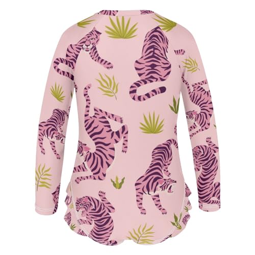 susiyo Pink Tigers and Tropical Leaves Girls One Piece Swimsuits Long Sleeve Bathing Suits Cute Ruffle Swimwear 3-12Y3