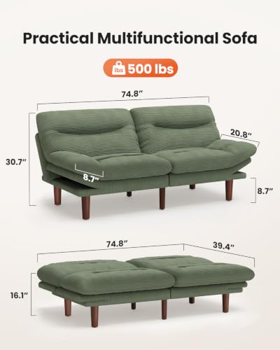 Image of Amada Convertible Futon Sofa Bed, Corduroy Folding Futon Set with Adjustable Backrest &Armrests, Recliner Lounge for Living Room, Apartment or Office, Solid Wood Frame, Loveseat Sofa -Green 75 Inch