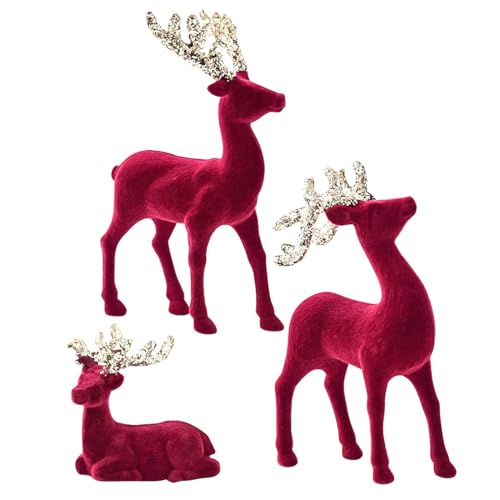 3 pezzi di renna di Natale, ornamento di renna di velluto rosso, statua di renna di Natale alce decorazione da tavolo in piedi, figurine di renna di Natale da tavolo decorazioni
