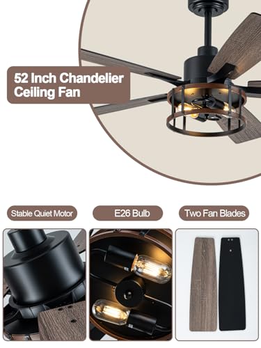 Image of 52'' Farmhouse Ceiling Fan with Light Rustic Caged Chandelier Fan