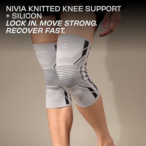 Image of NIVIA Knitted Knee Support with Silicon for Men & Women, Neoprene Compression Sleeve, Anti-Slip Grip, Heat Retention & Stability for Gym, Training, and Injury Recovery (Grey, Small)