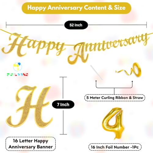 Image of Flyloons 4th Happy Anniversary Banner Gold Decorations Kit for Men Women Wedding Anniversary Banner Items without Balloons