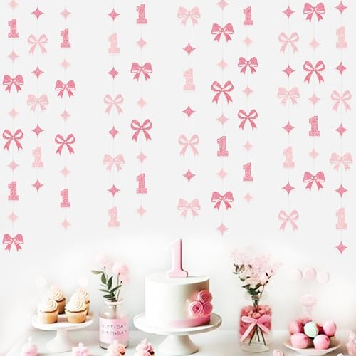 Image of Pink Bow One Birthday Decorations Pink Glitter Paper Star Bow 1st Hanging Garland Streamer Banner for Happy First Birthday Baby Girl Bday Decor or 1st Anniversary Party Decorations Supplies
