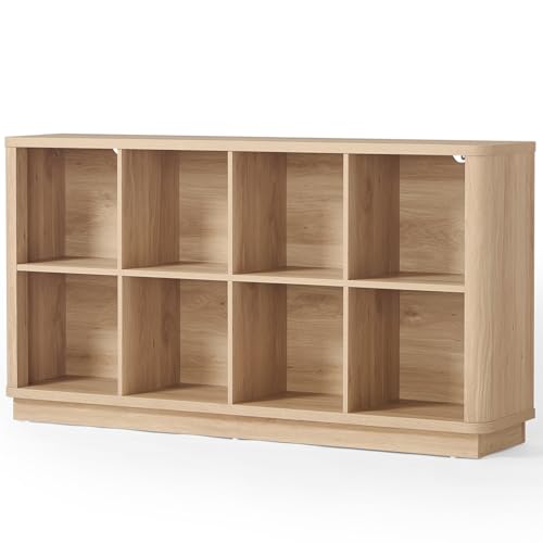 Joaxswe 8 Cube Storage Book Shelf 52 Long Horizontal Bookshelf with Curved Edge Floor Standing Wooden Cubby Bookcase with Base Modern Low Console Book Case TV Stand for Living Room Natural Oak