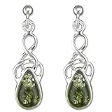 Amber Sterling Silver Earrings - Celtic Green Amber Fancy Dangly Drop Earrings for Women - 925 Sterling Silver. 080468 - Image 3