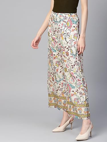 Image of Yuris Women Beige Pink Printed Wide Leg Palazzos -