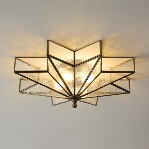 Image of Star Brass Ceiling Light - 19.7 In Large Black Hammered Glass Flush Mount