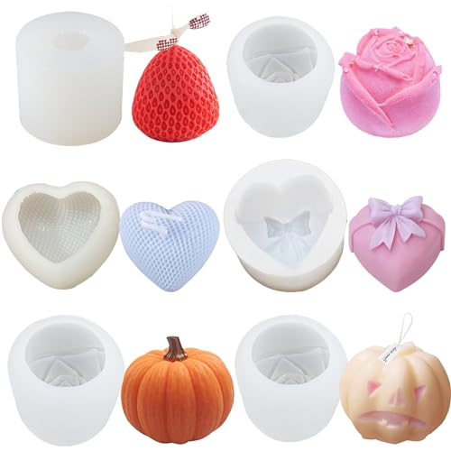 día de la madre regalo Juego de 6 moldes para velas para regar con forma de corazón, diseño de calabaza, fresa, forma de corazón, regalo para velas perfumadas, forma de vela, silicona, resina epoxi