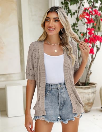 Zeagoo Women's Short Sleeve 2025 Summer Crochet Cropped Cardigan V Neck Button up Bolero Shrug Sweater4