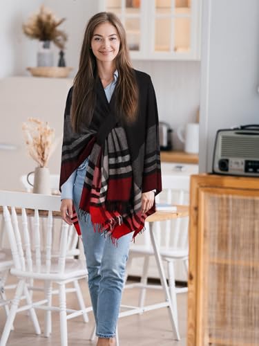 Image of Bestshe Women's Boho Open Front Poncho Plaid Shawl Wrap Cape