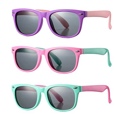 Coasion Kids Polarized Sunglasses Set Tpee Rubber Flexible Shades For Girls Boys Age 3-9 Sunglasses 3 Pack (Purple/Grey + Rosepink/Grey + Applegreen/Grey) #TOP2