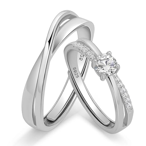 Bagues couple argent 925 alliance mariage réglable avec zircon