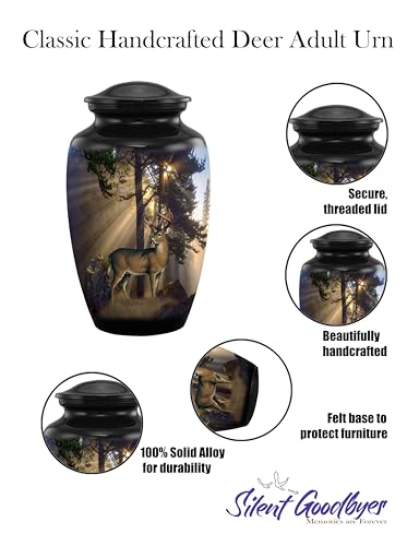 Image of Gone Hunting Deer Cremation Urn with Sunrays - Majestic Buck Memorial Urn for Human Ashes - Handcrafted Full Size Adult Funeral Urn up to 200 lbs with Velvet Bag (Large)