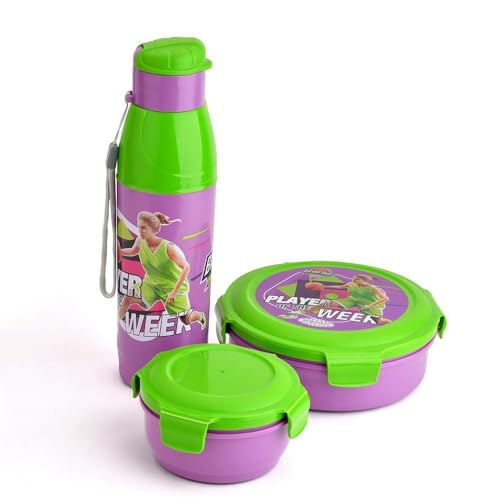 Image of Asian Plastowares Little Champions 3-in-1 Insulated Lunch Box Set for Kids | 700ml Steel Tiffin, 500ml Water Bottle | Leakproof, BPA Free | Green & Violet | Must-Have Back to School Set