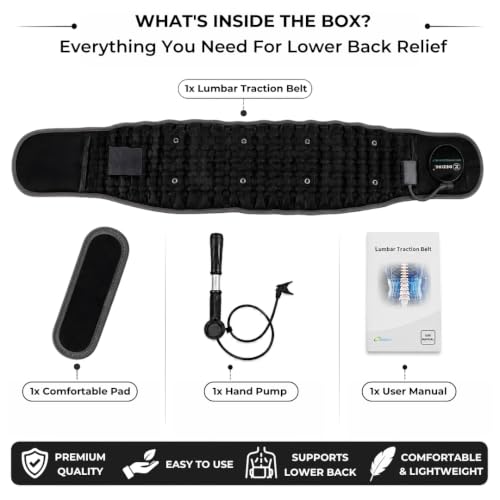 Image of DEZIRE Inflatable Lumbar Decompression Belt | Lower Back Pain Relief & Back Support | Adjustable 28-50 Inches | Unisex | Hand Pump Included (Black)
