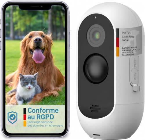 PetTec Cam Free – Caméra Wi-FI sur Batterie pour Chien et Chat, intérieur et extérieur, Vision Nocturne, Audio bidirectionnel, détection de Mouvement
