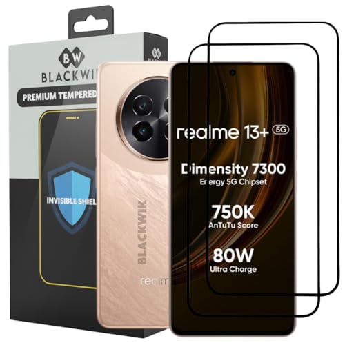 Image of Blackwik Tempered Glass Screen Protector for Realme 13+ with Edge-To-Edge Protector Coverage | Easy Installation Kit (Black) (Pack Of 2)