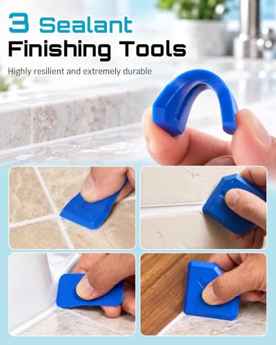 SEESII Caulking Tool 5-in-1,Caulking Grout Removal Tool Kit | Silicone Caulk Scraper Tool with 5 Replaceable Pads,3 Sealant Finishing Tools, 2 Nozzles for Kitchen Bathroom Sink Toilet — view 5