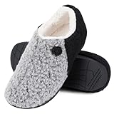 ERGOfoot Orthopedic Slippers with Arch Support for Women and Men – Fuzzy House Shoes for Plantar Fasciitis Relief, Closed Back, Soft Plush Sherpa Fleece Lining Moccasin/Grey W10/M9