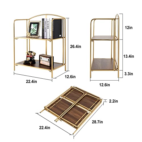 Crofy No Assembly Folding Bookshelf, 2 Tier Gold Bookshelf, Metal Book Shelf For Storage, Folding Bookcase For Office Organization And Storage, 12.6 D X 22.44 W X 28.74 H Inches #TOP2