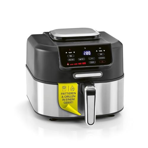 GOURMETmaxx Heißluftfritteuse FryBBQ | Airfryer mit Ober-/Unterhitze | 5 L Multikocher Heissluftfritteuse mit 5 Modi inkl. Dörren | 2in1: Fritteuse & Grill – mit Aludruckguss-Rost & Grillthermometer
