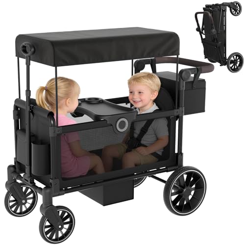 BIERUM Stroller Wagon for 2 Kids with Side Entry & 5-Point Safety, 5-in-1 Multi-Mode All-Terrain Foldable Cart with Adjustable Push/Pull Handle, Removable Canopy & Organizer for Beach, Camping, Black