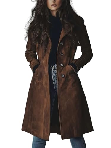 utcoco Womens Long Suede Trench Coat Single Breasted Leather Trench Overcoat with Pocket (Large, Dark Brown)