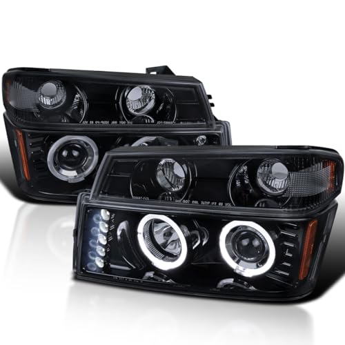 Spec-D Tuning Glossy Black Smoke LED Halo Projector Headlights + Bumper Lights Compatible with 2004-2012 Chevy Colorado, 2004-2012 GMC Canyon, Left + Right Pair Headlamps Assembly
