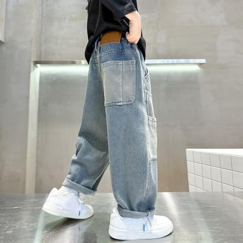 Boys Baggy Jeans Kids Wide Leg Straight Denim Cargo Pants Casual Elastic Waist Trousers with Splicing Decoration4