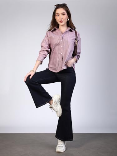 Image of Urbano Fashion Women's Cotton Full Sleeve Oversized Fit Casual Striped Shirt with Spread Collar